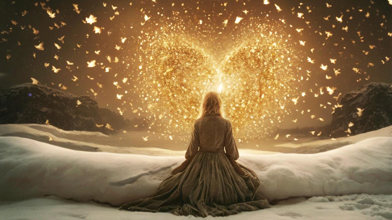 woman in a antique dress sitting in snow in front of a golden heart shaped by golden particles resembling love