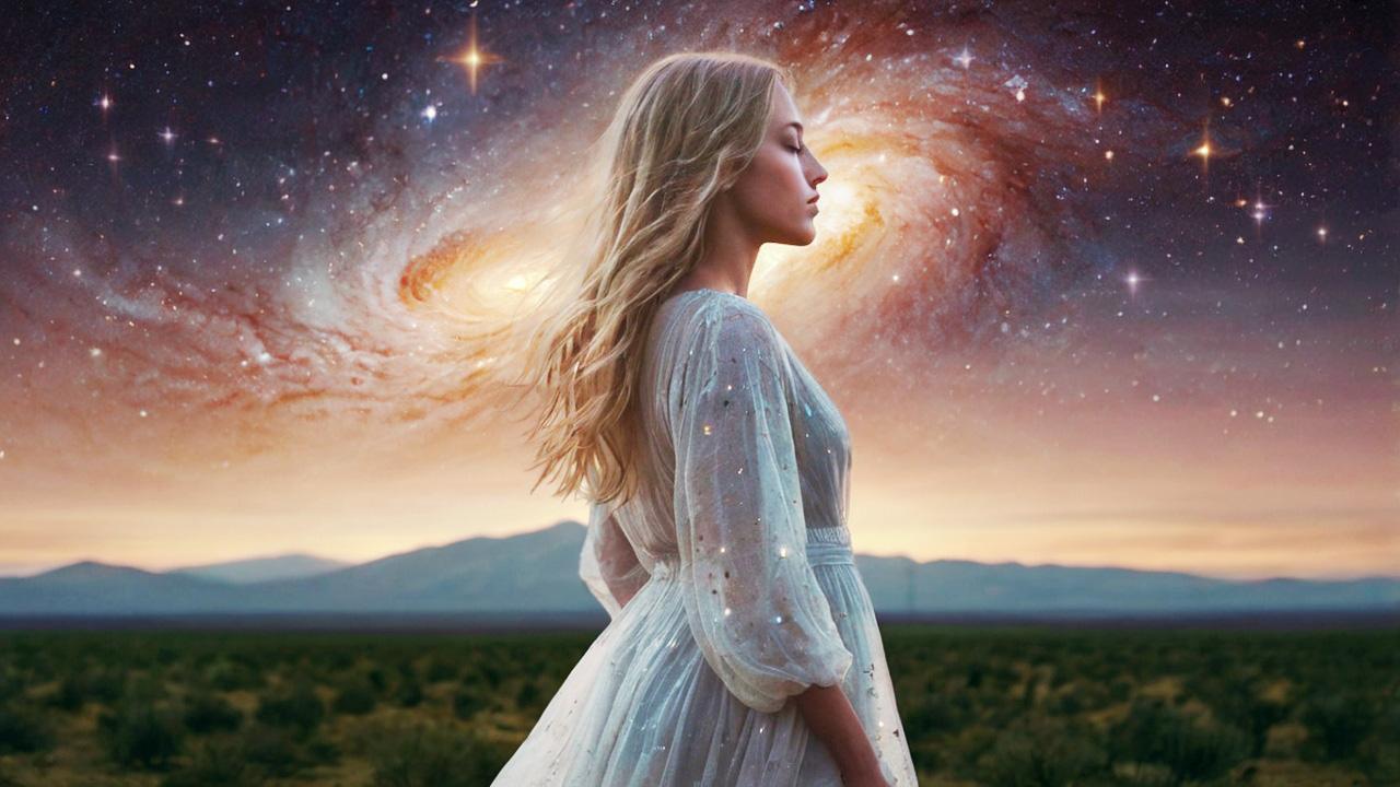 a blonde woman in a white glittery gown standing in front of the picture, behind her we can see nature and the universe unfolding in colorful ways.