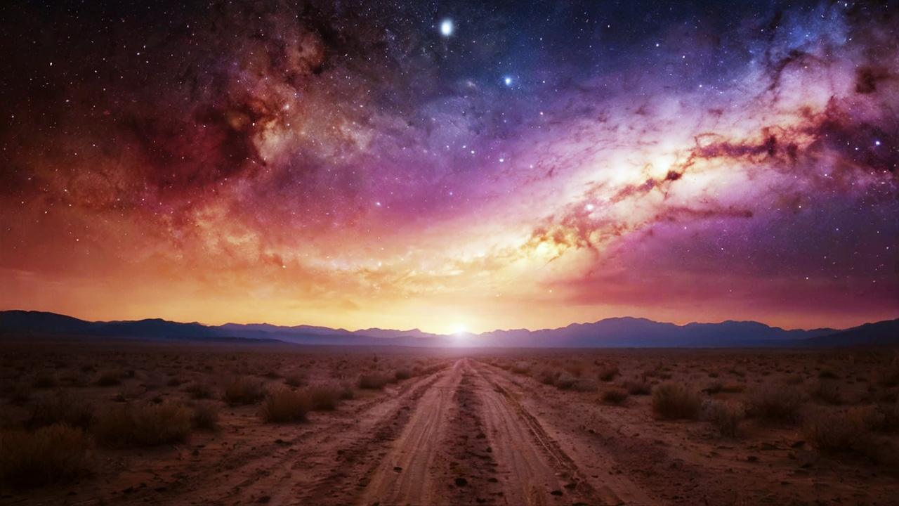 a earthly pathway that resembles a journey, above the path there is the open universe to be seen resembling the possibilites possible if staying on the path.