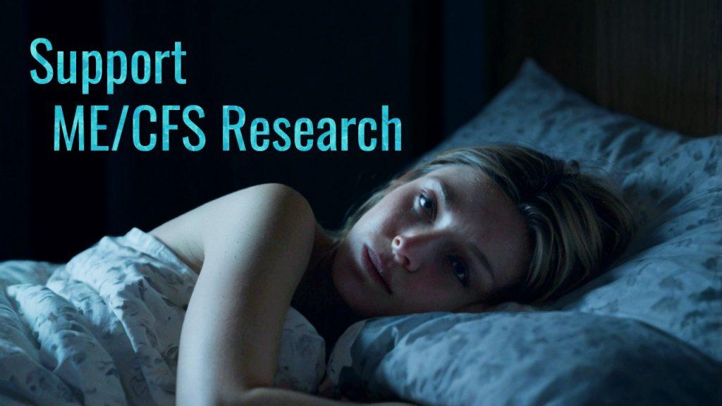 woman with mecfs which is a chronic illness in her bed in a dark room, light is shining on her above there is a text saying support mecfs research in a blue water tone. the theme is in blue lights and colors
